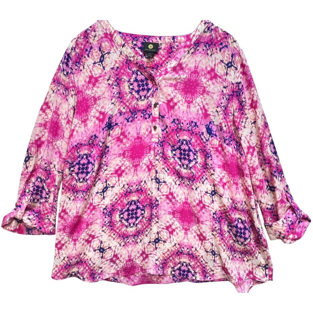 JM Collection Women's Henley Blouse Roll Tab Sleeve Size XXL Pink Blue Tie Dye